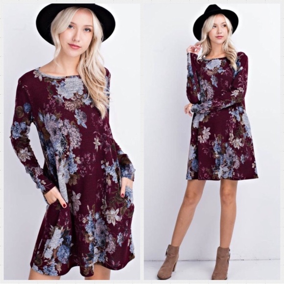 mittoshop Dresses & Skirts - Floral Long-Sleeve Swing Dress - Burgundy